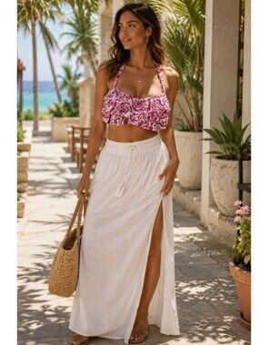 NWT Swimsuits For All Pink & White Ruffle Halter Underwire Top Bikini Set
